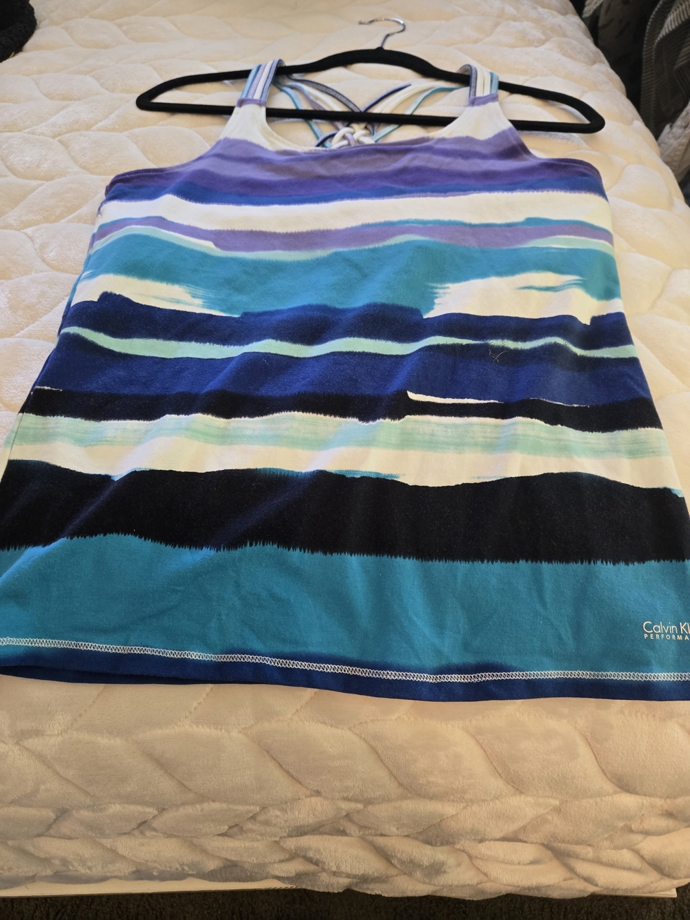 Calvin Klein Striped Performance Racerback Tank in Blue, Teal & Purple, Black.